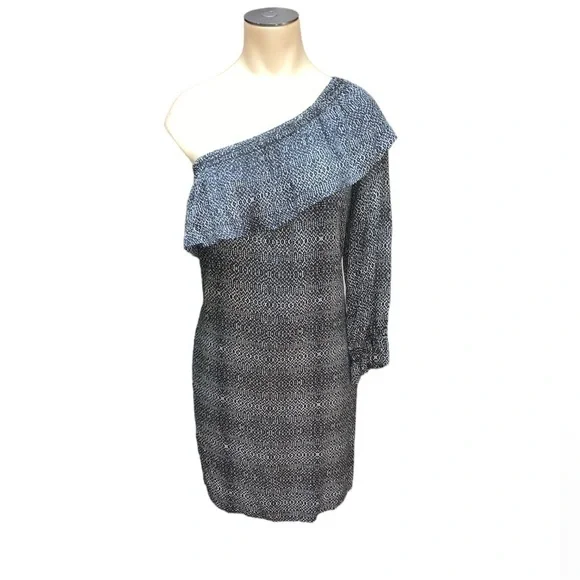 Anthropologie Velvet by Graham & Spencer Black Print One Shoulder Shift Dress S - Picture 5 of 16